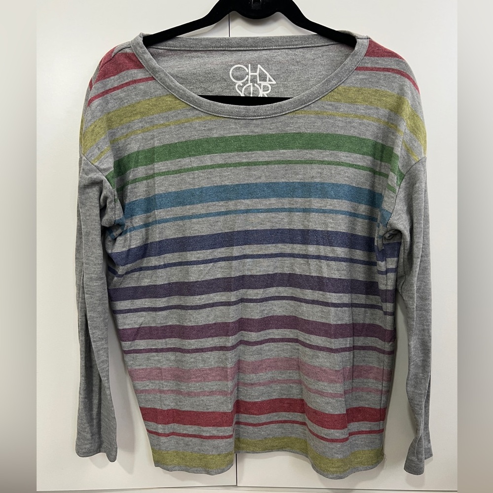 Chaser long sleeve top, gray with rainbow stripes, size medium
